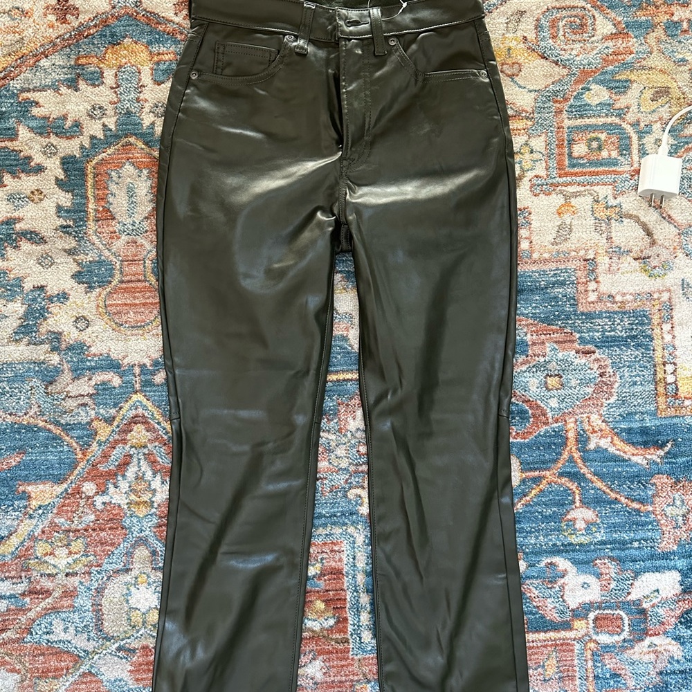 Vintage slim high rise dark green faux leather pants - Picture 3 of 4